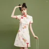 Etniska kläder kinesiska kvinnor fransk stil blomma qipao lös cheongsam spets orientalisk graciös stand up krage förbättrad klänning vestido