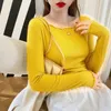 Candy Colored Wood Ear Edge Long Sleeved Tshirt for Women Spring Style with Slim Fitting Solid Bottoming Shirt 240130