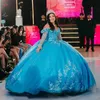 Aquablau glänzende Prinzessin Quinceanera Kleider Ballkleid aus der Schulter Applikation Spitze Tull Korsett Sweet 15 Vestidos De XV Anos