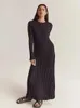 Mulheres magro o-pescoço manga longa rendas até vestidos de linha a elegante sólido com nervuras de malha maxi vestido outono senhora streetwear robe 240122