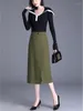 Kjolar Hög midja Split Slim Fit Black Green Mid-long bodycon kjol Kvinnor Spring Fall Elegant Chic Casual Work Suit Office 9924