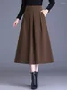 Jupes haute qualité une ligne jupe femmes 2024 automne hiver poches noir marron laine taille S-3XL taille plissée femme 3042