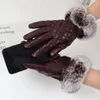Women Sheepskin Gloves Real Rex Rabbit Fur Genuine Leather Plush Outdoor Gloves Winter Luxury Warm Ladies Mitten Full Fingers 240201