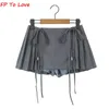 Y2K Zipper Lace-up Mini Skirts Shorts Sashes Pleated Brown Grey White Blogger Streetwear Sexy Outfit Bottom 240131