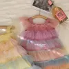 Girls Rainbow Dress Children Mesh Puffy Birthday Party Tutu Vestidos for 110T Summer Princess Dance Cake Costume 240129