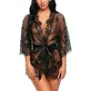 Conjuntos de sutiãs plus size mulheres sexy lingerie robe porno sleepwear camisola renda ver através do vestido transparente babydoll erótico nightwear conjunto