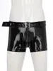 Sous-vêtements hommes taille basse look mouillé boxer shorts avec ceinture fermeture éclair ouverte cortch renflement poche culottes sous-vêtements discothèque sexy