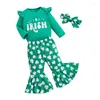 Kledingsets Babymeisje St Patricks Day Outfit Ruche Romper met lange mouwen Letterprint Romper Baby Bell Bottoms Hoofdbandenset