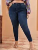 Pantalones vaqueros ajustados de talla grande para mujer, pantalones vaqueros elásticos de cintura alta, pantalones vaqueros para mamá, pantalones lápiz, pantalones cómodos informales de gran tamaño 240202