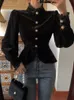 Woherb Корейская винтажная рубашка с рукавами-фонариками Blusa Кружевная высокая горловина с жемчужными пуговицами Черная тонкая элегантная модная бархатная блузка Женская укороченная рубашка 240125