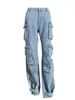 Damesjeans LGRQ Mode Effen Kleur Slanke Hoge Taille Rechte Grote Zakken Denim Cargo Broek Vrouwelijke Zomer 2024 19J1999