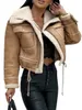 Women Winter Faux Leather Jacket Long Sleeve Lapel Fleece Linen Coat Zip Up Motorcycle Jacket Warm Outwear with Pockets 240125