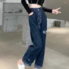 Pantalon jean femme taille haute S déchiré avec trous pantalon bleu déchiré jambe droite Vibrant moyen Hippie élégant A