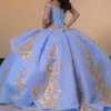Sky Blue Shiny Quinceanera Dress Ball Gown Off The Shoulder Appliques Lace Tull Corset Sweet 15 Vestidos De XV Anos