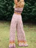 Dames tweedelige broek roze bloemenprint damesoutfits riem mouwloos tops bohemien wijde pijpen 2 stuks rayon katoen boho sets