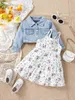 Bebek İlkbahar ve Sonbahar Denim Ceket Çiçek Slip Etek Twopiece Casual Born Street Moda Takım Dış Mekan Tatil Giyim 240127
