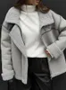 ラムウールジッパーショートコート女性ゆるいカジュアル冬の厚い暖かいジャケット女性ファッションターンダウン襟固体ストリートウェアコート240202