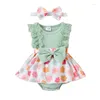 Rompers Pudcoco生まれ幼児の女の女の子の服装クルーネックフラワーレースパッチワークロンパードレスボウノットヘアバンド夏服