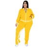 Plus size L-5XL conjunto de duas peças feminino sweatsuit zip listrado superior fenda sweatpants jogger outfit combinando conjunto atacado gota 240124