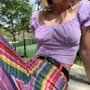 Koszule damskie Summer Sweet Cropped Tops Purple 2024 Preppy Style Kobiety Krótki zaciągnięcie rękawów Kwadratowe koszulki Dziewczęta Koreańska w krato Cute Y2k