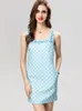 Women's Runway Dresses Square Neckline Sleeveless Beaded Plaid Printed Fashion Short Casual Vestidos