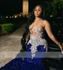 2024 Sexy Royal Blue Dresses Jewel Neck Sequined Sequins Sparkly Mermaid White Lace Appliques Crystal Beads Evening Dress Prom Gowns Floor Length 0513