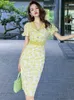 Party Dresses Fresh Elegant Sweet Midi Dress Women Yellow Flower Lapel Waist Wrap Slit Robe Femme French Bubble Sleeve Date Vestido Lady