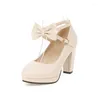 Dress Shoes Fashion Girls Leather Bow Ankle Strap Woman High Heel Ladies Pumps Party Wedding Size 32-46