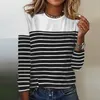 Koszule damskie 2024 Spring Striped Print Patchwork T-shirts Kobiety swobodny biuro O biuro Top Pullover Autumn Long Sleeve Streetwear Tee