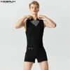 Mężczyźni Rompers piżamę stały kolor pasiastki odzieży domowej Lapel krótkie rękawy moda męskie body fitness Joksy S-5xl Inderun 240131