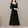 Sıradan Elbiseler Yüksek kaliteli moda elbise Pembe 2024 İlkbahar ve Sonbahar Kadınlar Uzun Kollu Siyah Fransız Örgü Dantel Elastik