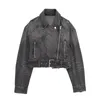 Women's Jackets Chic Denim For Women Lapel Long Sleeve Pocket With Metal Buckle Front Asymmetric Zip-up Moto Biker Zipper Jacket