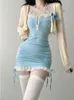 Y2k – ensemble Mini robe à bretelles Sexy pour femmes, moulante, Slim, Corset en dentelle, Kawaii, col licou, jupe deux pièces bleue, mode coréenne, 240202
