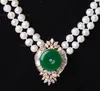Ketten Modeschmuck Gute schöne 2 Reihen weiße Perle grüne Jade Anhänger Halskette
