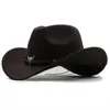 Cabeça de vaca de metal etiqueta chapéu de cowboy ocidental para mulheres homens crianças outono faux lã fedora chapéus cowgirl feltro boné vestido de festa top 240202