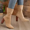 Zapatos de vestir 2024 Botas de mujer negras 9 cm Tacones cuadrados Calcetines Tamaño grande 43 Tela elástica Elástico Punta puntiaguda Bota de tobillo Mujer