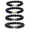 Strand Haute Qualité Hommes Bracelet De Perles Naturel Noir Pierre De Lave Haltère Charme Bracelets Énergie Fitness Barbell Mode Femmes Bijoux