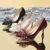 Rimocy Rhinestone Bowtie Pointed Toe Womens Pumps Spring Satin Bridal Wedding Shoes Shallow Woman Stiletto Red 240119