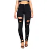 Plus size moda feminina cintura alta rasgado buraco botão sólido cintura alta bolso calças jeans buraco calças jeans 240202