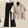 Koreansk retro Personlighet Cape Jacket Blazer Bellbottoms Twopiece Elegant Womens Trousers Passar Office Business Outlets 240202