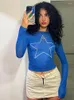 Koszule damskie 2024 Blue Star Print Graphic Done Rleeve Kobiety T-shirt Bodycon Slim Dno