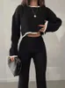 REALEFT Autumn Winter 2 Pieces Womens Oufit Sets Knitted Tracksuit ONeck Sweater and Wide Leg Jogging Pants Female Suits 240124