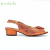 Orange Sandals for Women Luxury Wedding Pumps Low Heels Rhinestone Design Party Shoes and Bags Set 240130
