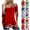 Women's T Shirts 3/4 Sleeve For Women Christmas Print Graphic Tees Blouses Casual Plus Size V-Neck Basic Tops Pullover Pretty Clothing