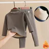 Velvet Lined Kids Underwear Conjuntos Winter Warm Mock Neck Tops Children Velveteen Thermal Outfit Casual Boys/Girls 2 Piece Set 240130