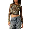 Women's T Shirts Women S Long Sleeve Mesh Top Crew Neck Sheer Blouse Sexy See Through Floral Print Tight Fitted Tops Streetwear