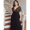 Plus size V Neck Rhombus cekin luksus 4xl5xl szyfonowa sukienka impreza balowa czarny rękaw 3/4 nad sukienką maxi na imprezę ślub 240130