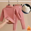 Velvet Lined Kids Underwear Conjuntos Winter Warm Mock Neck Tops Children Velveteen Thermal Outfit Casual Boys/Girls 2 Piece Set 240130