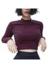 Женские футболки, укороченные топы, женские 2024, шикарные универсальные классические полосатые тонкие короткие топы-бюстье, водолазка, футболка с длинными рукавами, сексуальная футболка