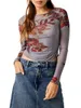 Women's T Shirts Women S Long Sleeve Mesh Top Crew Neck Sheer Blouse Sexy See Through Floral Print Tight Fitted Tops Streetwear